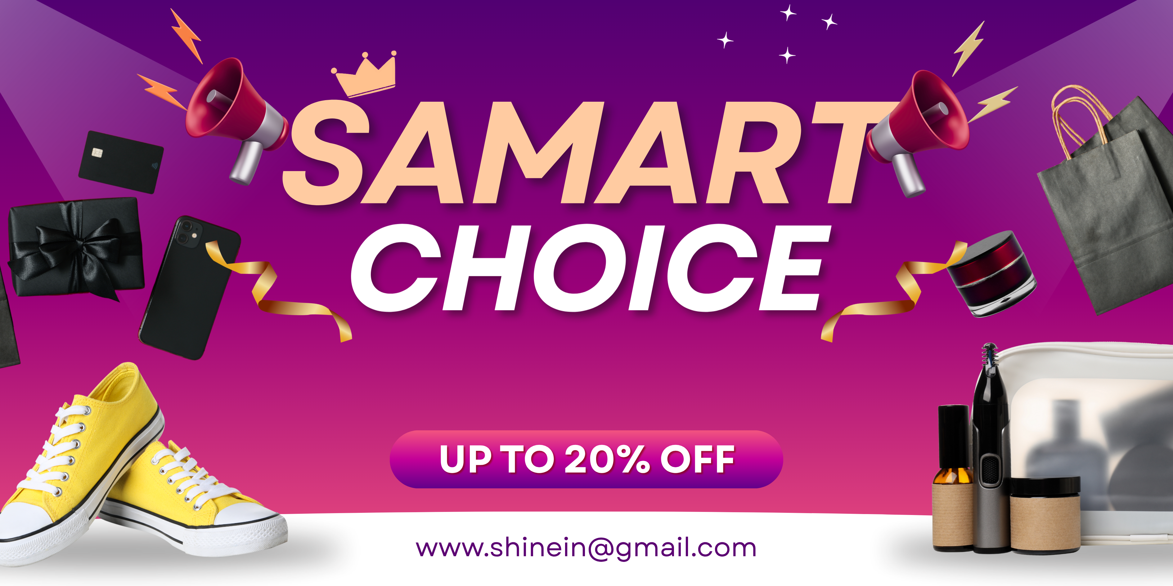 Promotional sale graphic with the text 'SAMART CHOICE' on a purple background, showing assorted retail items including yellow sneakers, a black wallet, a black phone, a gray shopping bag, and small beauty products, plus 'UP TO 20% OFF' and an email address.